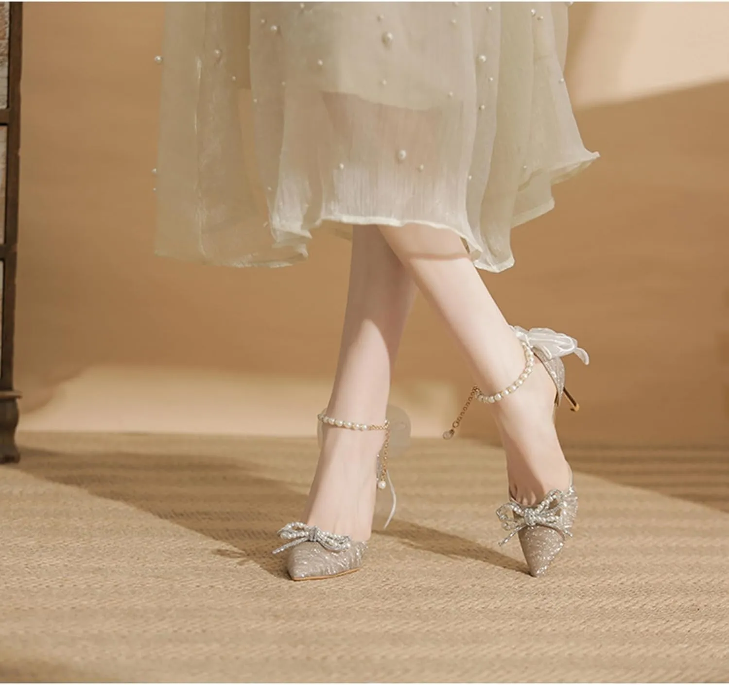 Women's Heels with Bow Sparkly Rhinestone Pumps Closed Pointed Toe Pearl Ankle Strap Wedding Dress Shoes Strappy Heels for Women