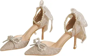 Women's Heels with Bow Sparkly Rhinestone Pumps Closed Pointed Toe Pearl Ankle Strap Wedding Dress Shoes Strappy Heels for Women