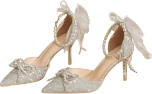 Women's Heels with Bow Sparkly Rhinestone Pumps Closed Pointed Toe Pearl Ankle Strap Wedding Dress Shoes Strappy Heels for Women