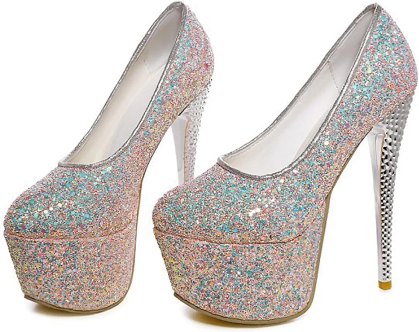 Women's High Heels Platform Pumps Shoes Sequins Fashion Round Closed Toe Stilettos Slip on for Dress Wedding Party Prom
