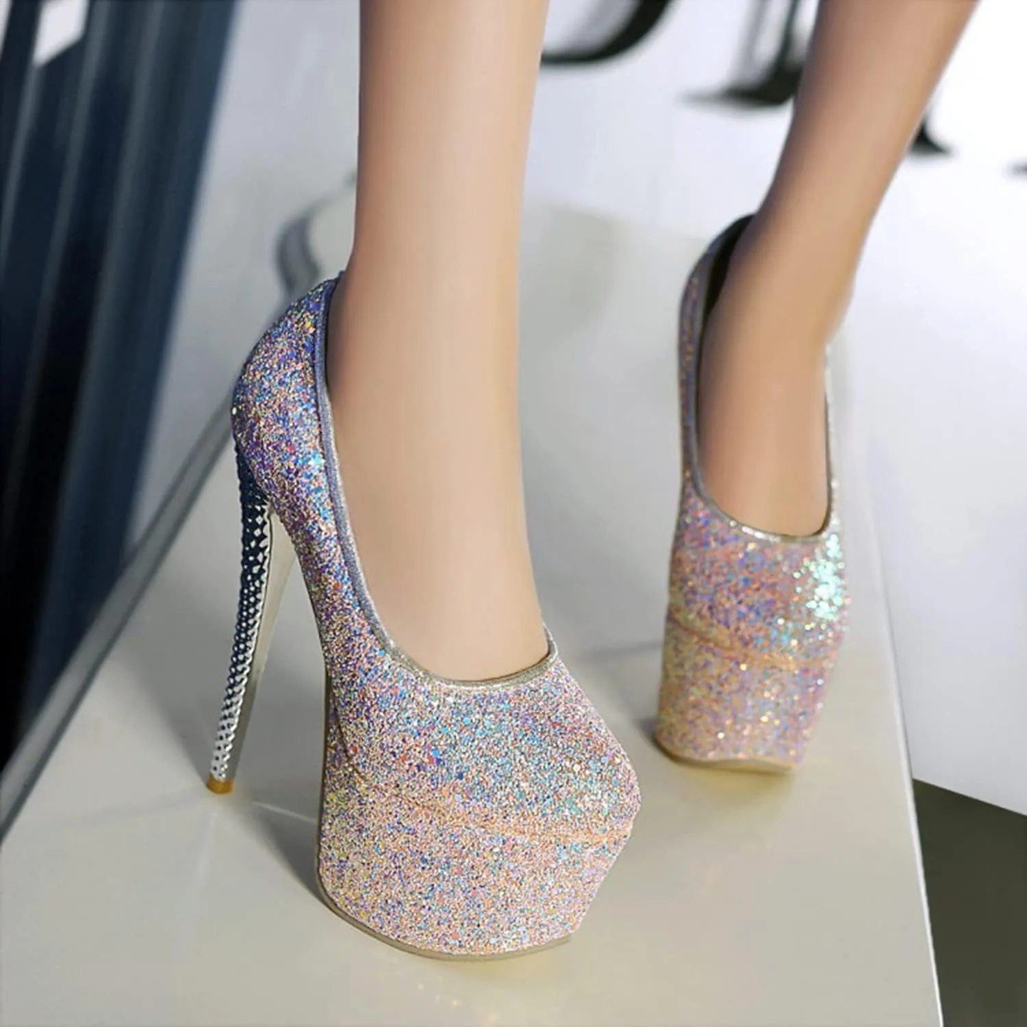 Women's High Heels Platform Pumps Shoes Sequins Fashion Round Closed Toe Stilettos Slip on for Dress Wedding Party Prom