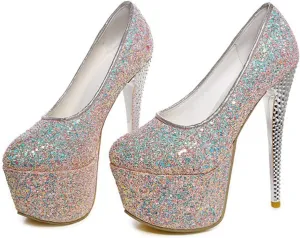 Women's High Heels Platform Pumps Shoes Sequins Fashion Round Closed Toe Stilettos Slip on for Dress Wedding Party Prom