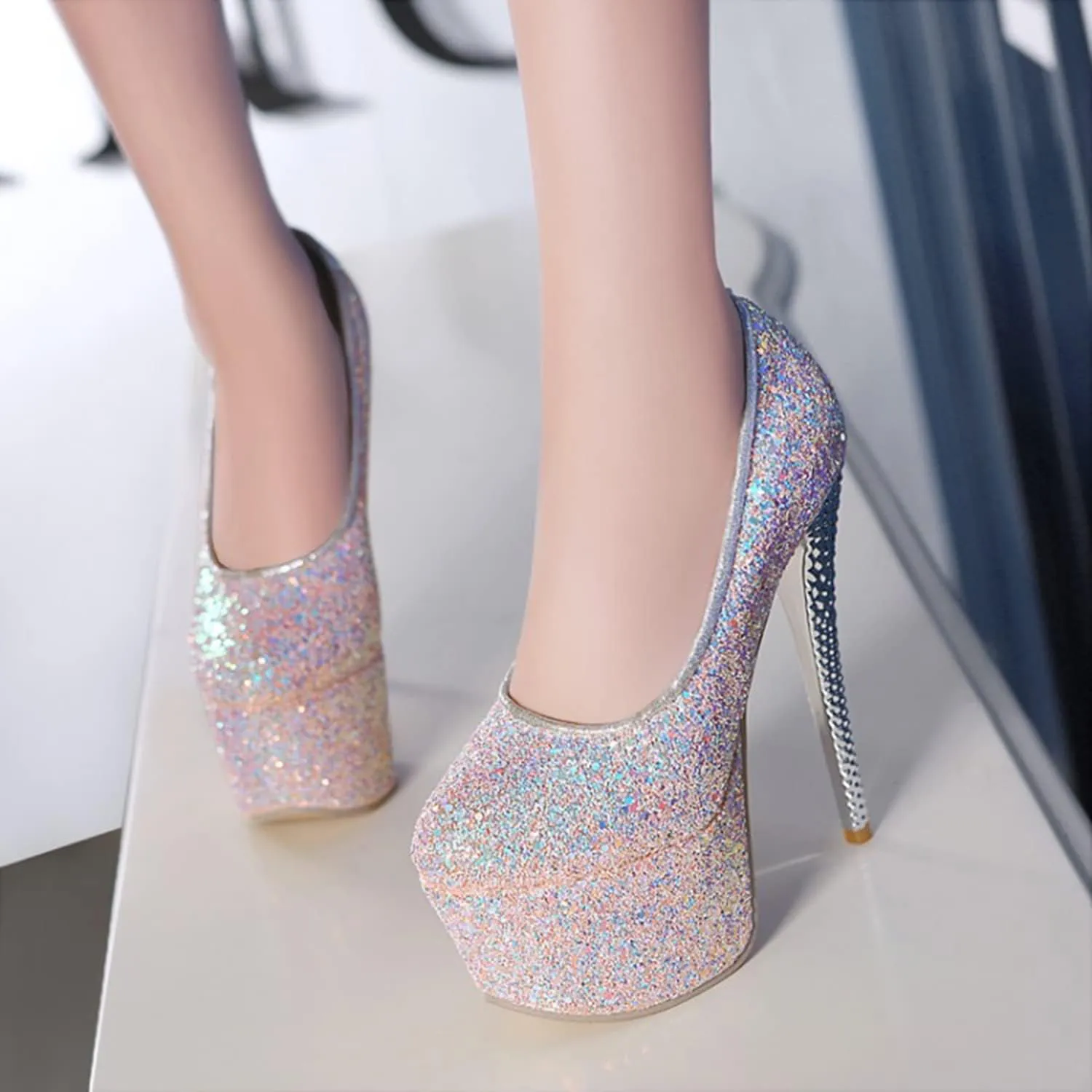 Women's High Heels Platform Pumps Shoes Sequins Fashion Round Closed Toe Stilettos Slip on for Dress Wedding Party Prom