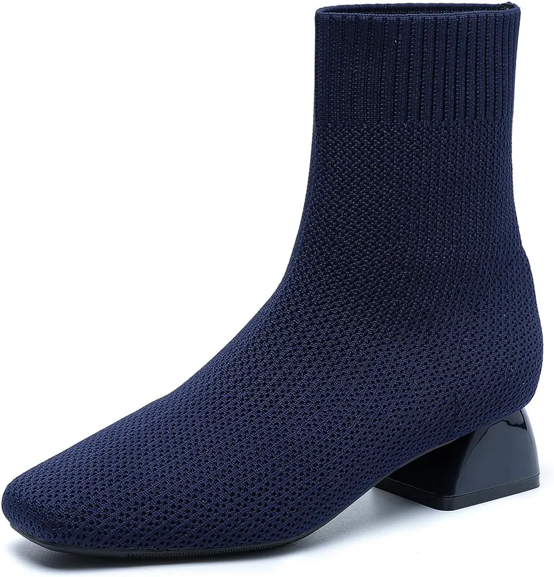 Women's Knit Chunky Block Heel Ankle Boots Fashion Square Toe Elastic Fabric Low Heel Slip On Casual Boots Comfort Breathable Dress Sock Booties