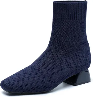 Women's Knit Chunky Block Heel Ankle Boots Fashion Square Toe Elastic Fabric Low Heel Slip On Casual Boots Comfort Breathable Dress Sock Booties