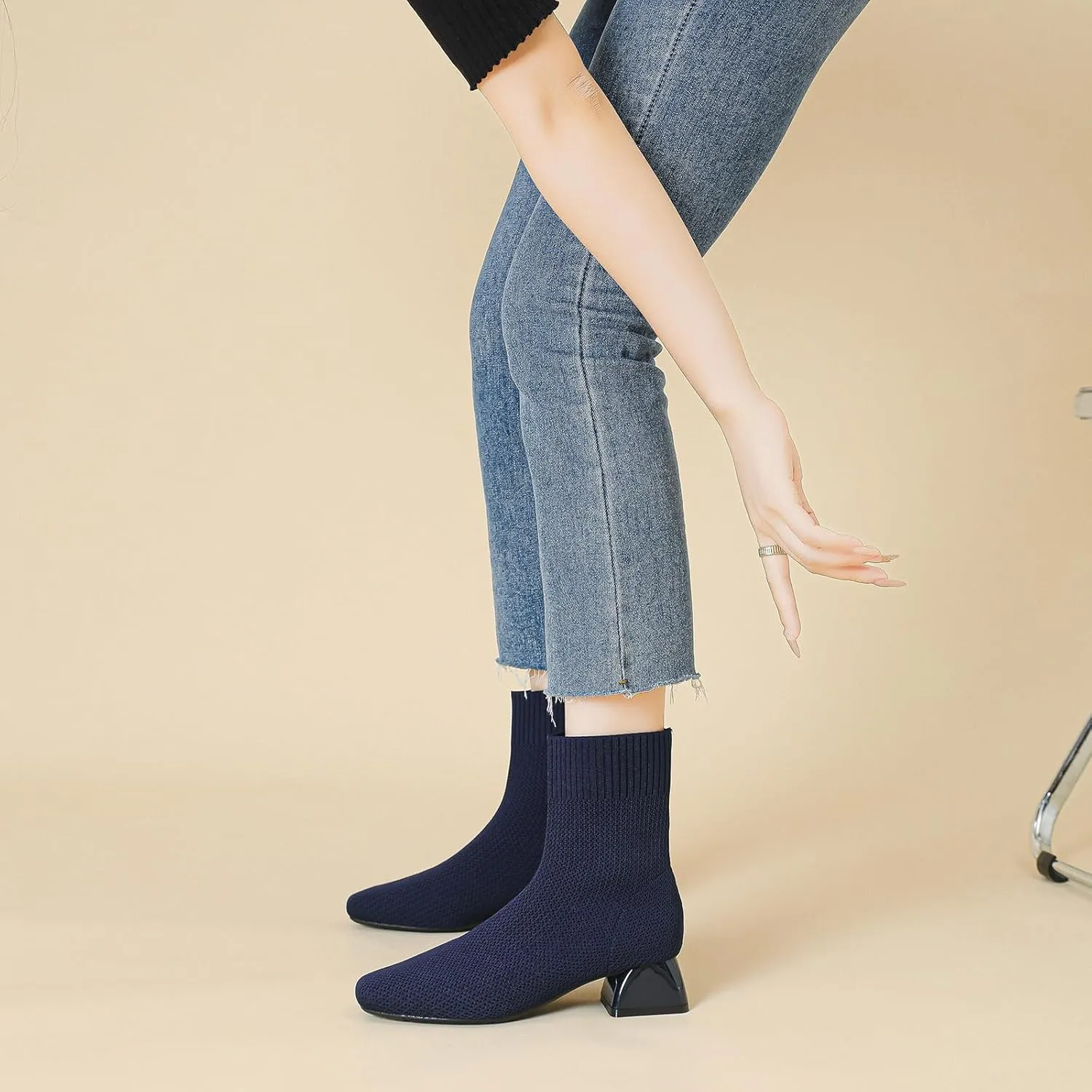 Women's Knit Chunky Block Heel Ankle Boots Fashion Square Toe Elastic Fabric Low Heel Slip On Casual Boots Comfort Breathable Dress Sock Booties