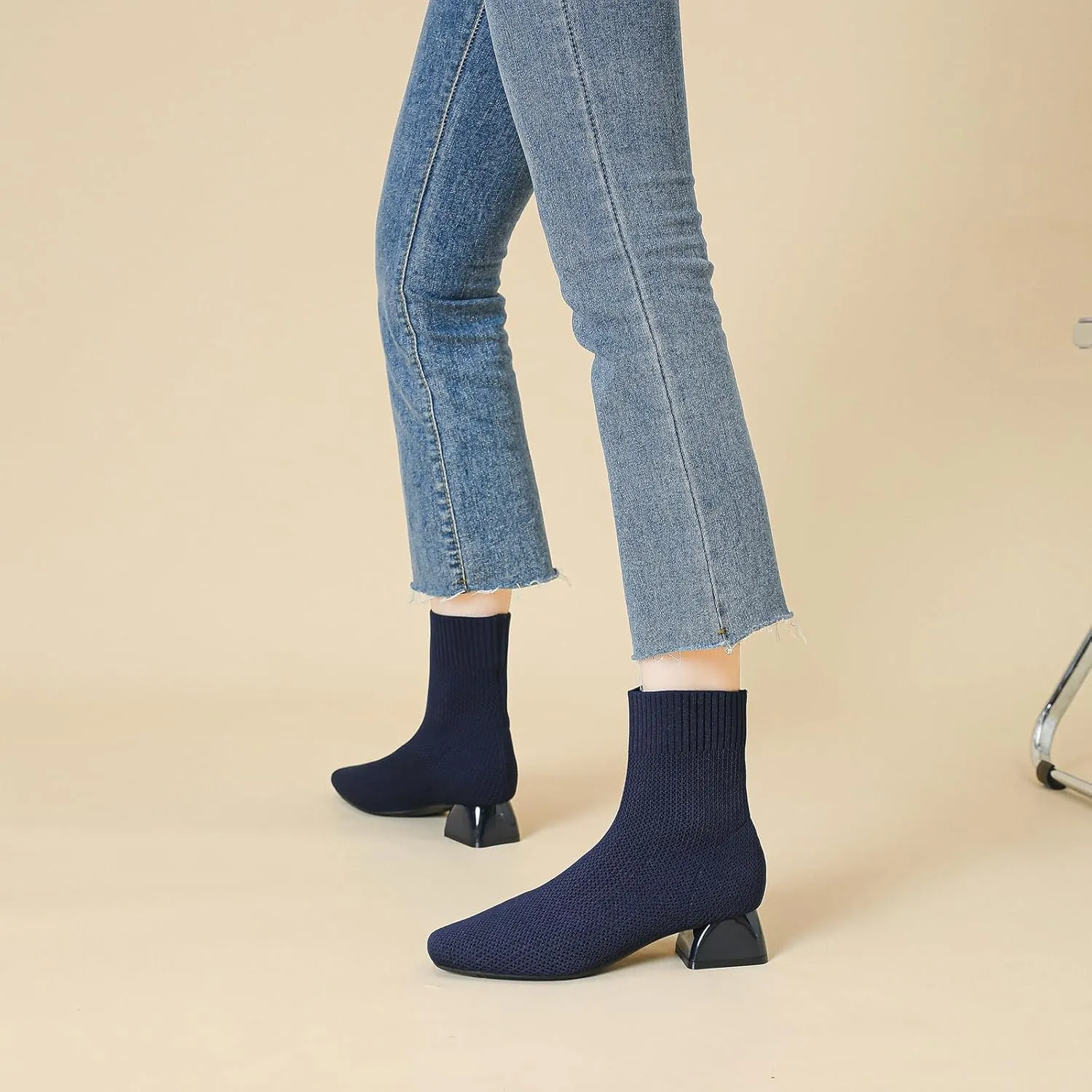 Women's Knit Chunky Block Heel Ankle Boots Fashion Square Toe Elastic Fabric Low Heel Slip On Casual Boots Comfort Breathable Dress Sock Booties