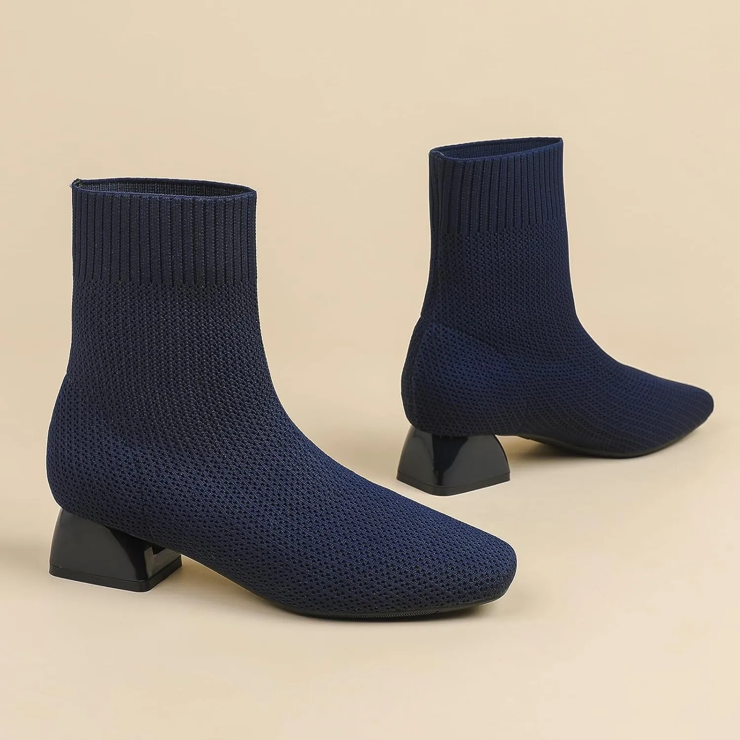Women's Knit Chunky Block Heel Ankle Boots Fashion Square Toe Elastic Fabric Low Heel Slip On Casual Boots Comfort Breathable Dress Sock Booties