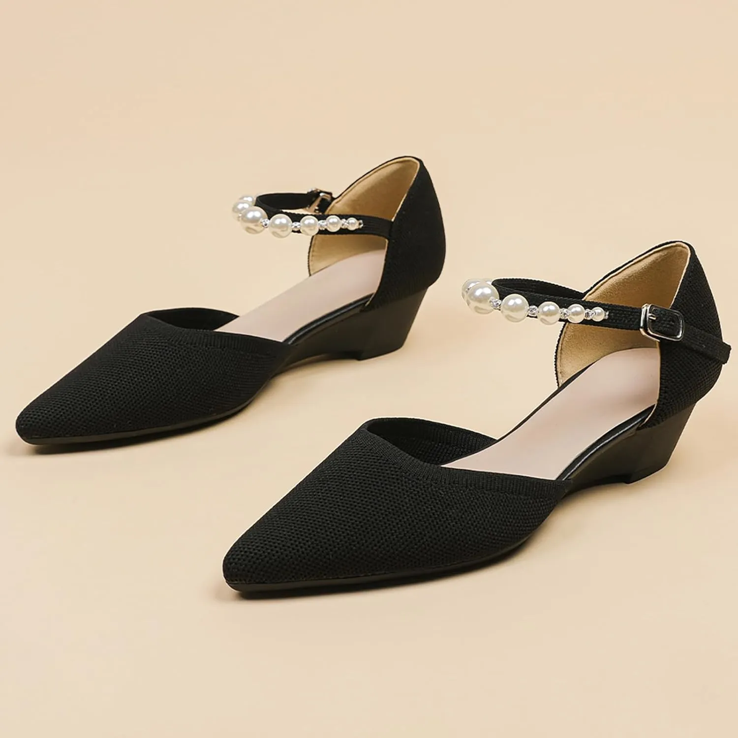 Women's Knitted Pointed Toe Wedge Pumps Fashion Adjustable Pearl Ankle Strap Buckle Closed Toe Low Chunky Heel Sandals Comfortable Breathable Daily Dating Work Dress Heel Shoes