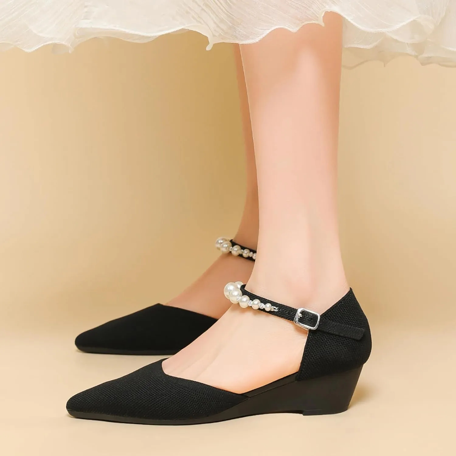 Women's Knitted Pointed Toe Wedge Pumps Fashion Adjustable Pearl Ankle Strap Buckle Closed Toe Low Chunky Heel Sandals Comfortable Breathable Daily Dating Work Dress Heel Shoes