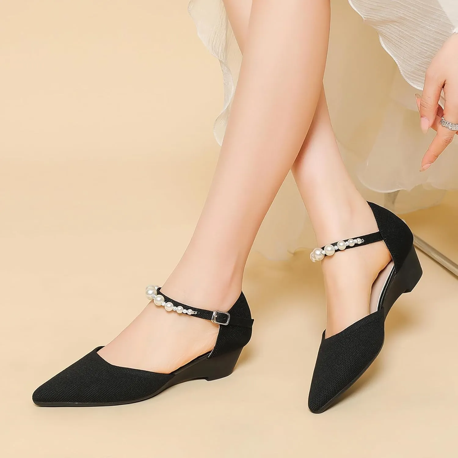 Women's Knitted Pointed Toe Wedge Pumps Fashion Adjustable Pearl Ankle Strap Buckle Closed Toe Low Chunky Heel Sandals Comfortable Breathable Daily Dating Work Dress Heel Shoes