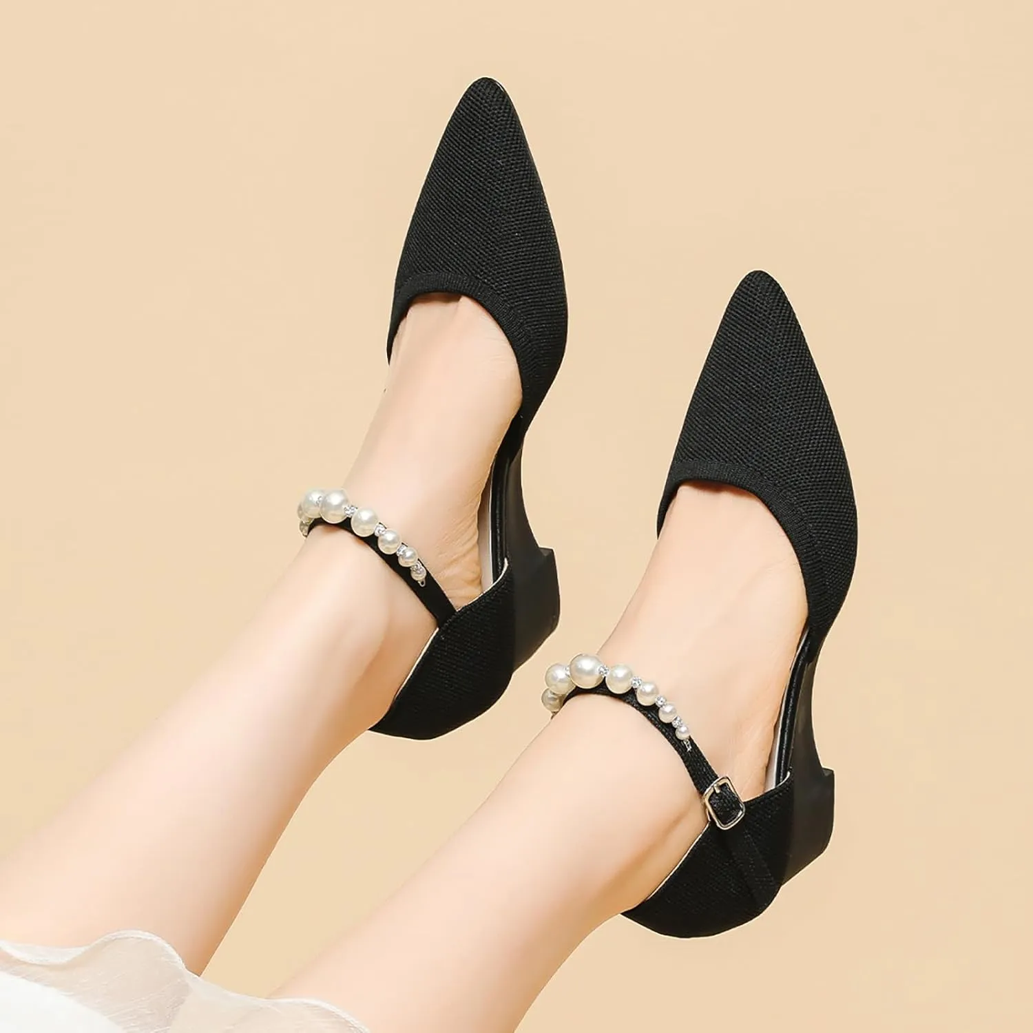 Women's Knitted Pointed Toe Wedge Pumps Fashion Adjustable Pearl Ankle Strap Buckle Closed Toe Low Chunky Heel Sandals Comfortable Breathable Daily Dating Work Dress Heel Shoes
