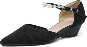 Women's Knitted Pointed Toe Wedge Pumps Fashion Adjustable Pearl Ankle Strap Buckle Closed Toe Low Chunky Heel Sandals Comfortable Breathable Daily Dating Work Dress Heel Shoes