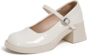 Womens Leather Chunky Low Heel Mary Jane Shoes Round Toe Anti-Slip Adjustable Buckle Block Heel Bow Internal Increase Vintage Comfortable Uniform Work Pumps