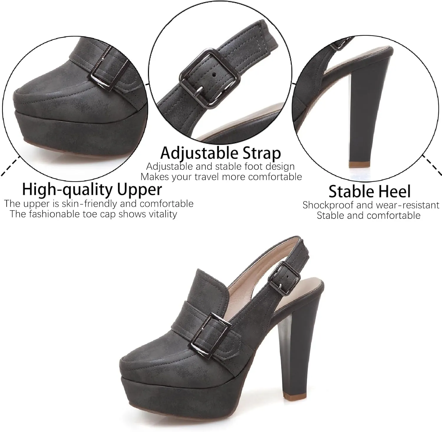 Women's Leather Platform Slingback High Heels Pumps with Adjust Ankle Strap Fashion Comfort Closed Pointed Toe Increase Height Chunky Heel Sandals for Work Office Party Dress Shoes