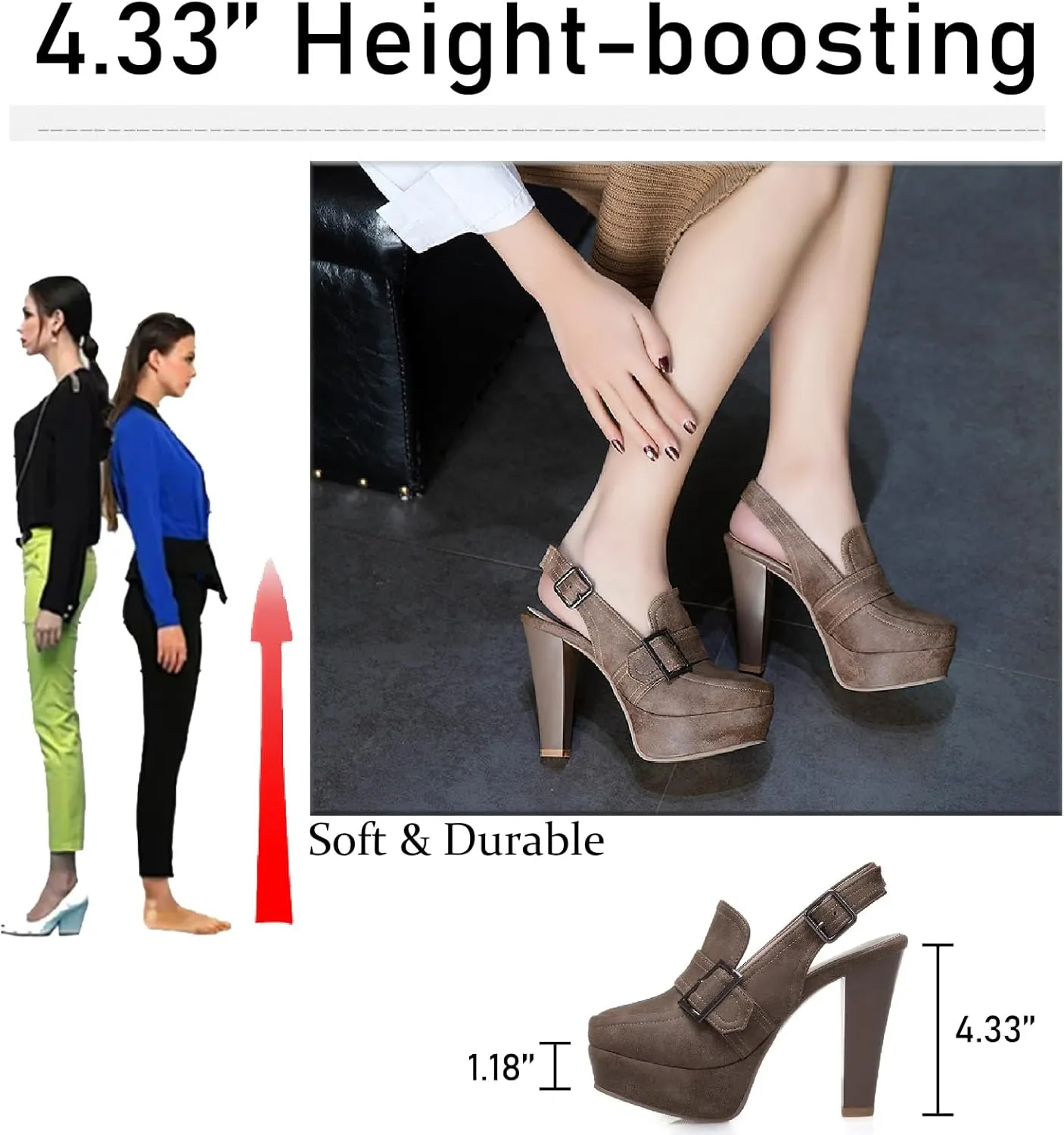 Women's Leather Platform Slingback High Heels Pumps with Adjust Ankle Strap Fashion Comfort Closed Pointed Toe Increase Height Chunky Heel Sandals for Work Office Party Dress Shoes