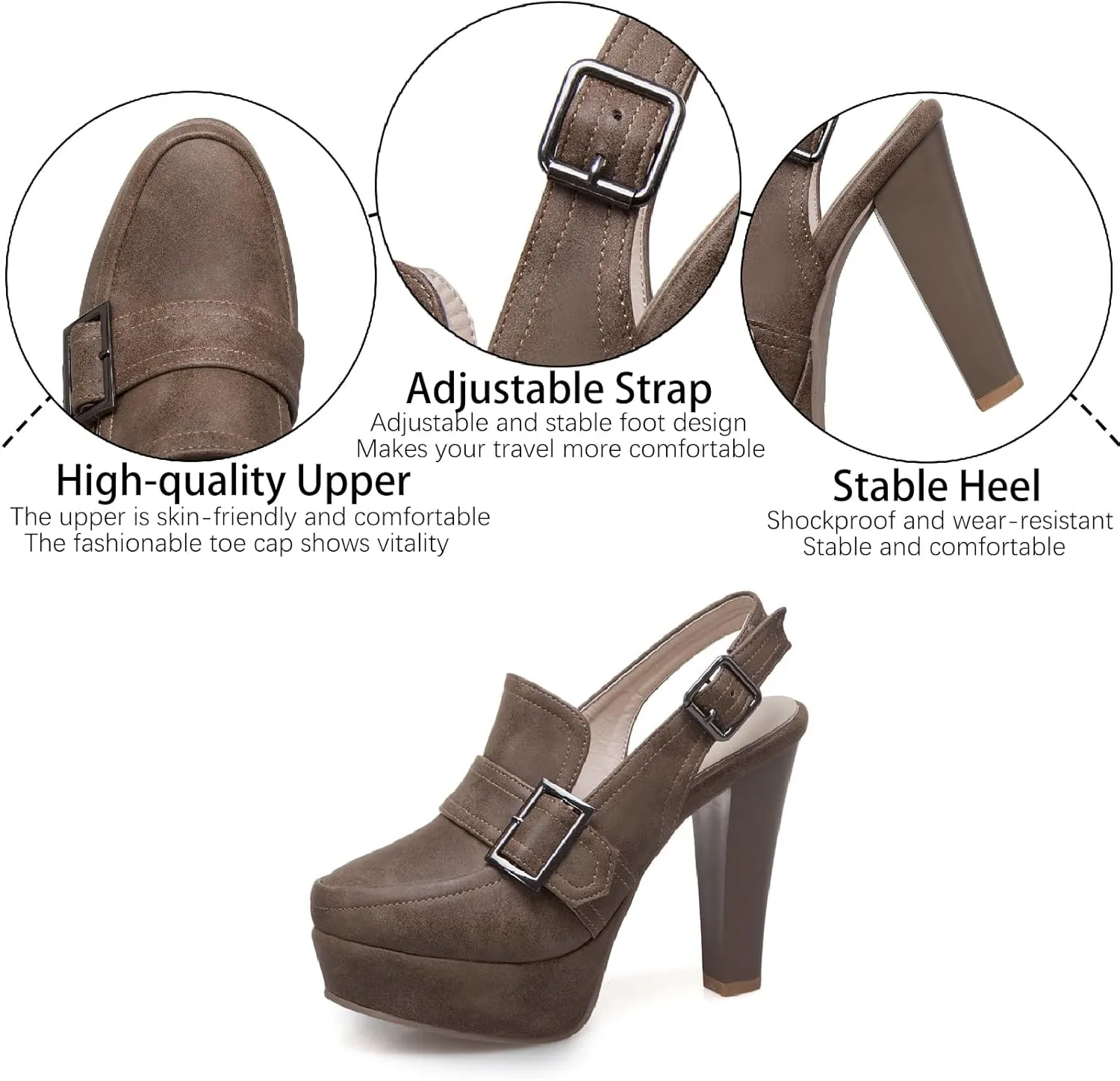 Women's Leather Platform Slingback High Heels Pumps with Adjust Ankle Strap Fashion Comfort Closed Pointed Toe Increase Height Chunky Heel Sandals for Work Office Party Dress Shoes