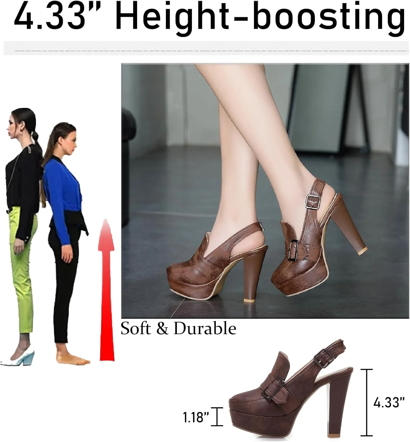 Women's Leather Platform Slingback High Heels Pumps with Adjust Ankle Strap Fashion Comfort Closed Pointed Toe Increase Height Chunky Heel Sandals for Work Office Party Dress Shoes