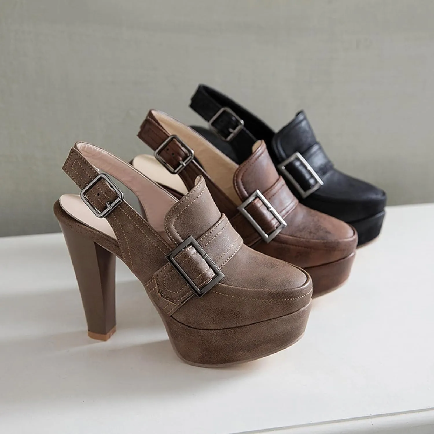 Women's Leather Platform Slingback High Heels Pumps with Adjust Ankle Strap Fashion Comfort Closed Pointed Toe Increase Height Chunky Heel Sandals for Work Office Party Dress Shoes