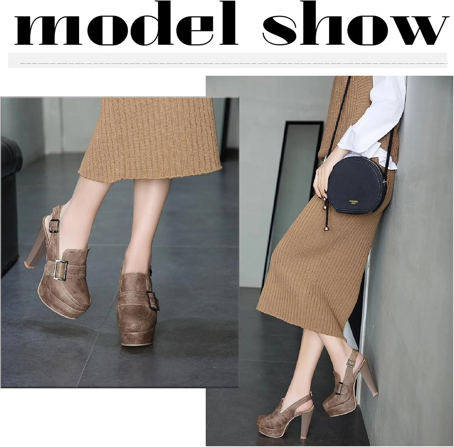 Women's Leather Platform Slingback High Heels Pumps with Adjust Ankle Strap Fashion Comfort Closed Pointed Toe Increase Height Chunky Heel Sandals for Work Office Party Dress Shoes