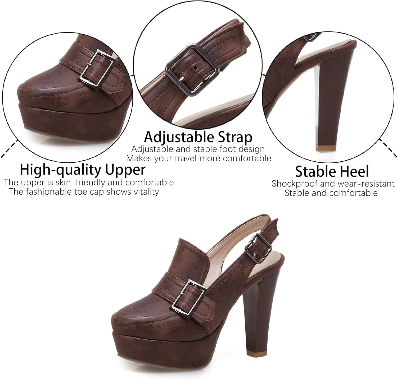 Women's Leather Platform Slingback High Heels Pumps with Adjust Ankle Strap Fashion Comfort Closed Pointed Toe Increase Height Chunky Heel Sandals for Work Office Party Dress Shoes