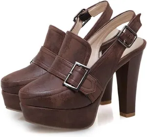 Women's Leather Platform Slingback High Heels Pumps with Adjust Ankle Strap Fashion Comfort Closed Pointed Toe Increase Height Chunky Heel Sandals for Work Office Party Dress Shoes