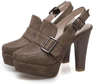 Women's Leather Platform Slingback High Heels Pumps with Adjust Ankle Strap Fashion Comfort Closed Pointed Toe Increase Height Chunky Heel Sandals for Work Office Party Dress Shoes
