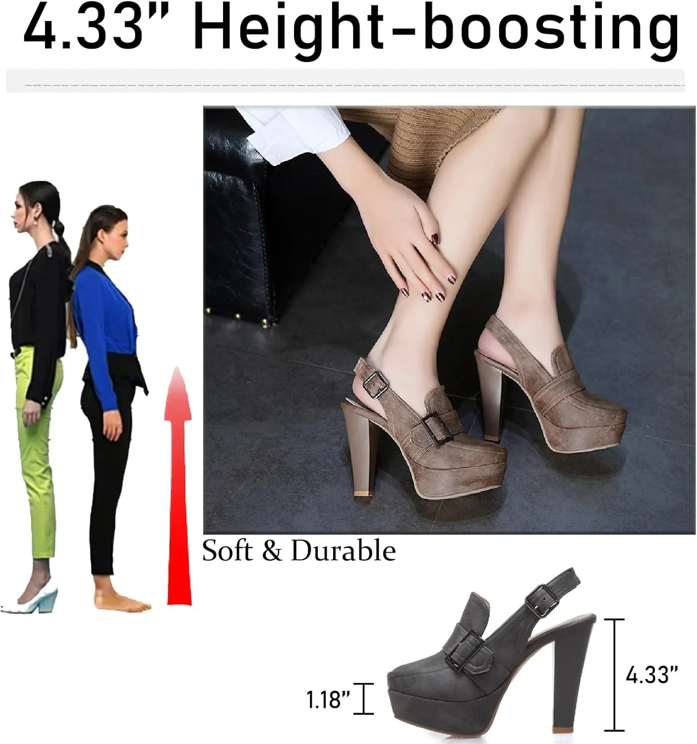 Women's Leather Platform Slingback High Heels Pumps with Adjust Ankle Strap Fashion Comfort Closed Pointed Toe Increase Height Chunky Heel Sandals for Work Office Party Dress Shoes