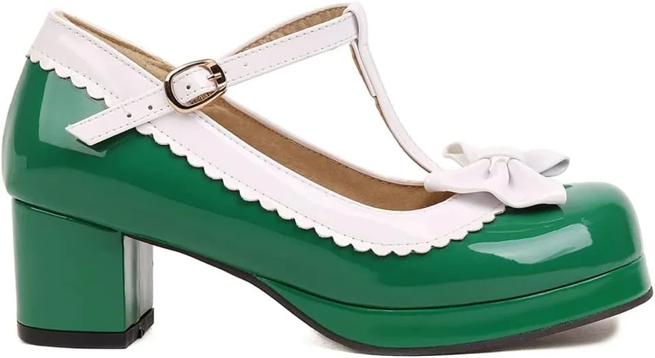 Women's Lolita T-Strap Bow Ankle Strap Mary Jane Pumps Round Toe Platform Chunky Mid Heel Dress Shoes