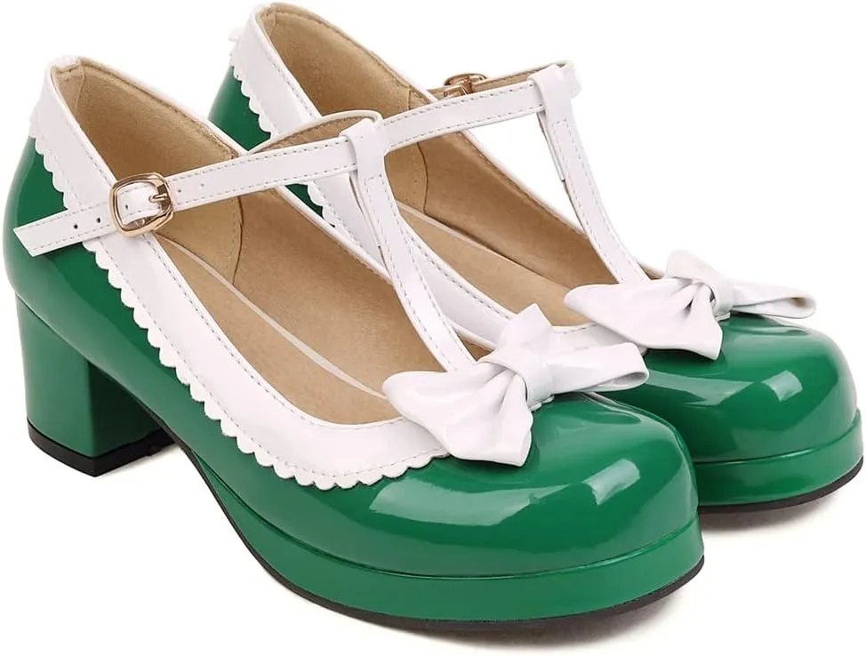 Women's Lolita T-Strap Bow Ankle Strap Mary Jane Pumps Round Toe Platform Chunky Mid Heel Dress Shoes