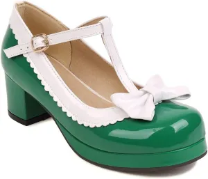 Women's Lolita T-Strap Bow Ankle Strap Mary Jane Pumps Round Toe Platform Chunky Mid Heel Dress Shoes