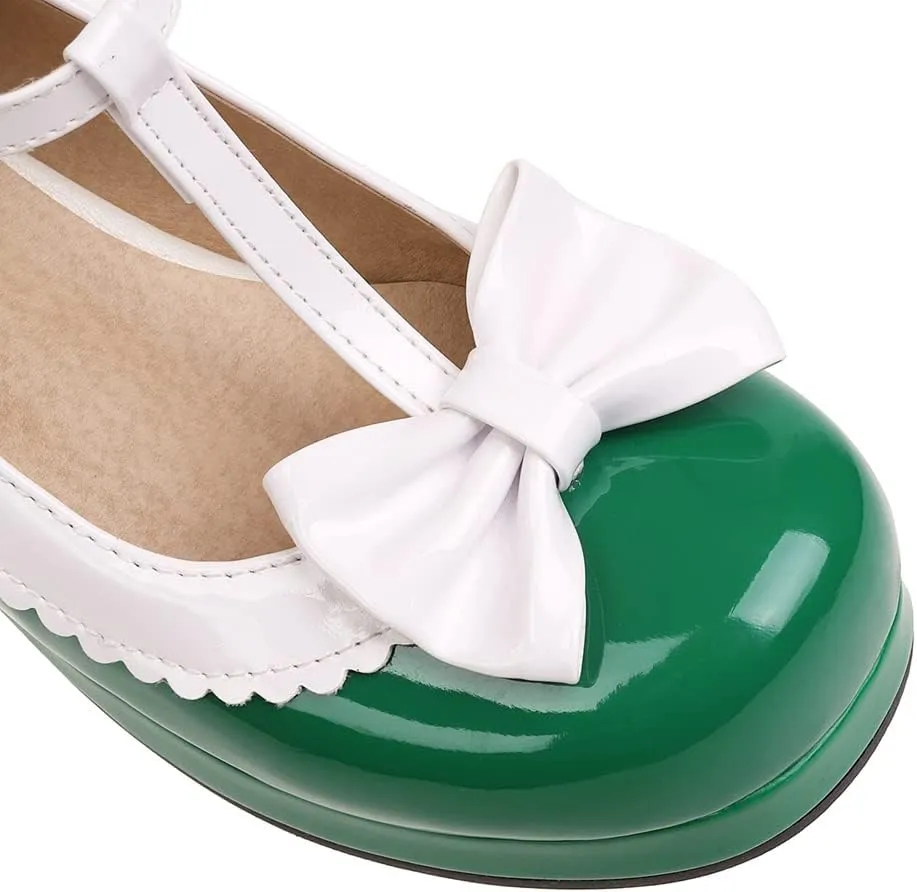 Women's Lolita T-Strap Bow Ankle Strap Mary Jane Pumps Round Toe Platform Chunky Mid Heel Dress Shoes