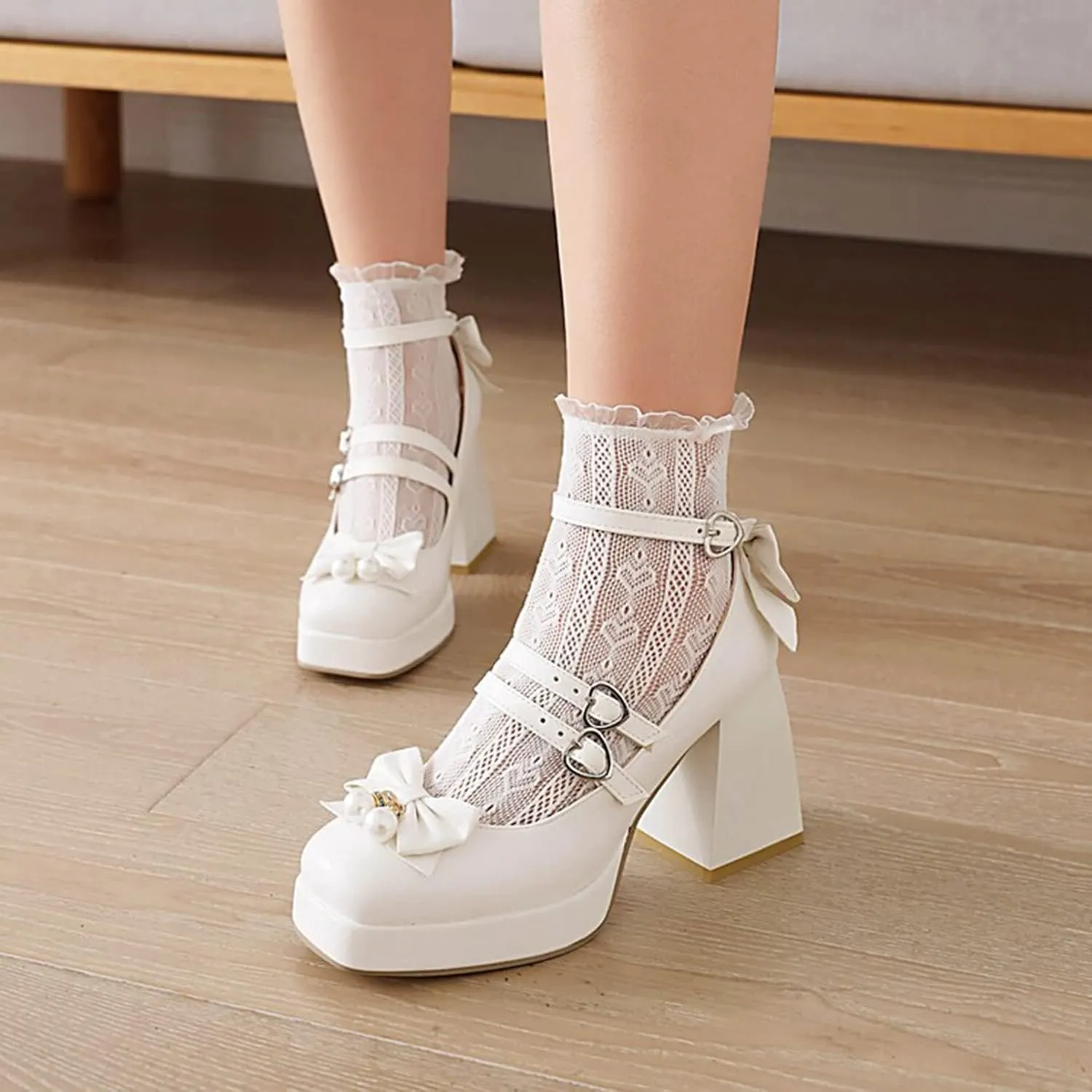 Womens Mary Jane Shoes Sweet Bow Chunky High Heel Goth Platform Lolita Square Toe Ankle Dress Pumps