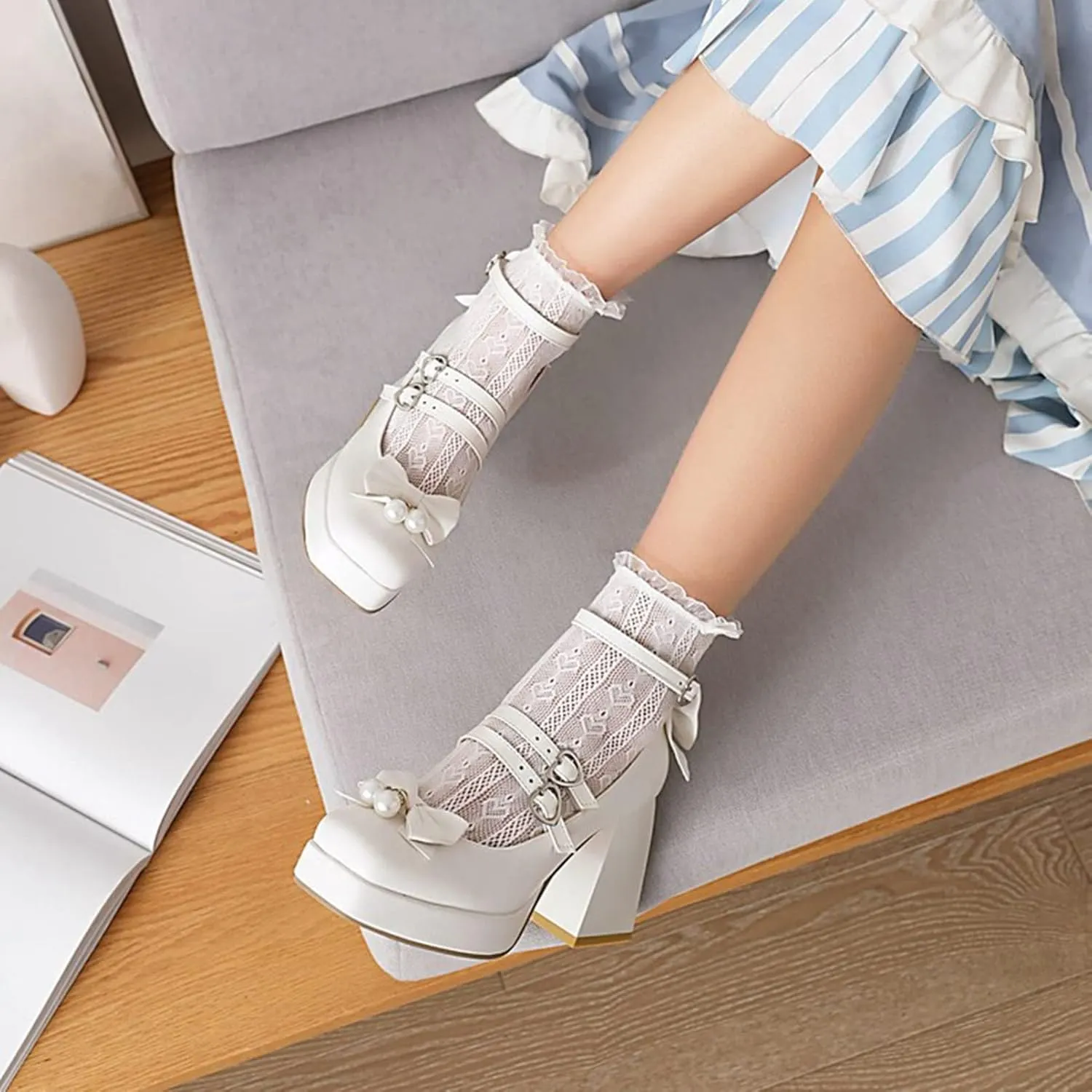 Womens Mary Jane Shoes Sweet Bow Chunky High Heel Goth Platform Lolita Square Toe Ankle Dress Pumps