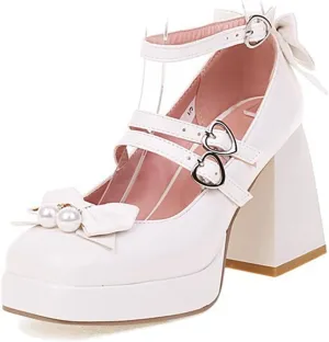 Womens Mary Jane Shoes Sweet Bow Chunky High Heel Goth Platform Lolita Square Toe Ankle Dress Pumps