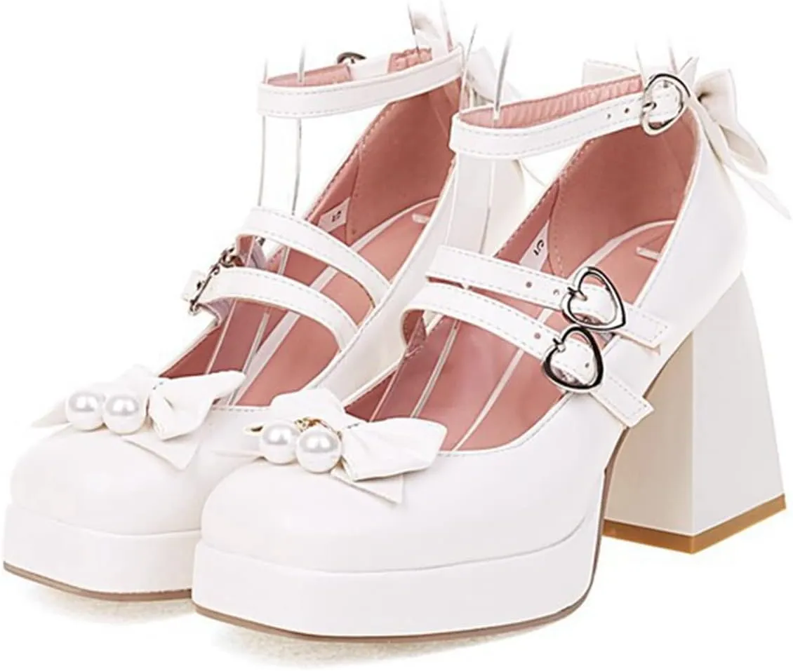 Womens Mary Jane Shoes Sweet Bow Chunky High Heel Goth Platform Lolita Square Toe Ankle Dress Pumps