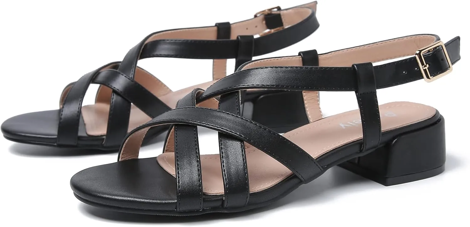 Women's Open Toe Cross Straps Low Block Chunky Heels Slingback Sandals Party Dress Summer Shoes