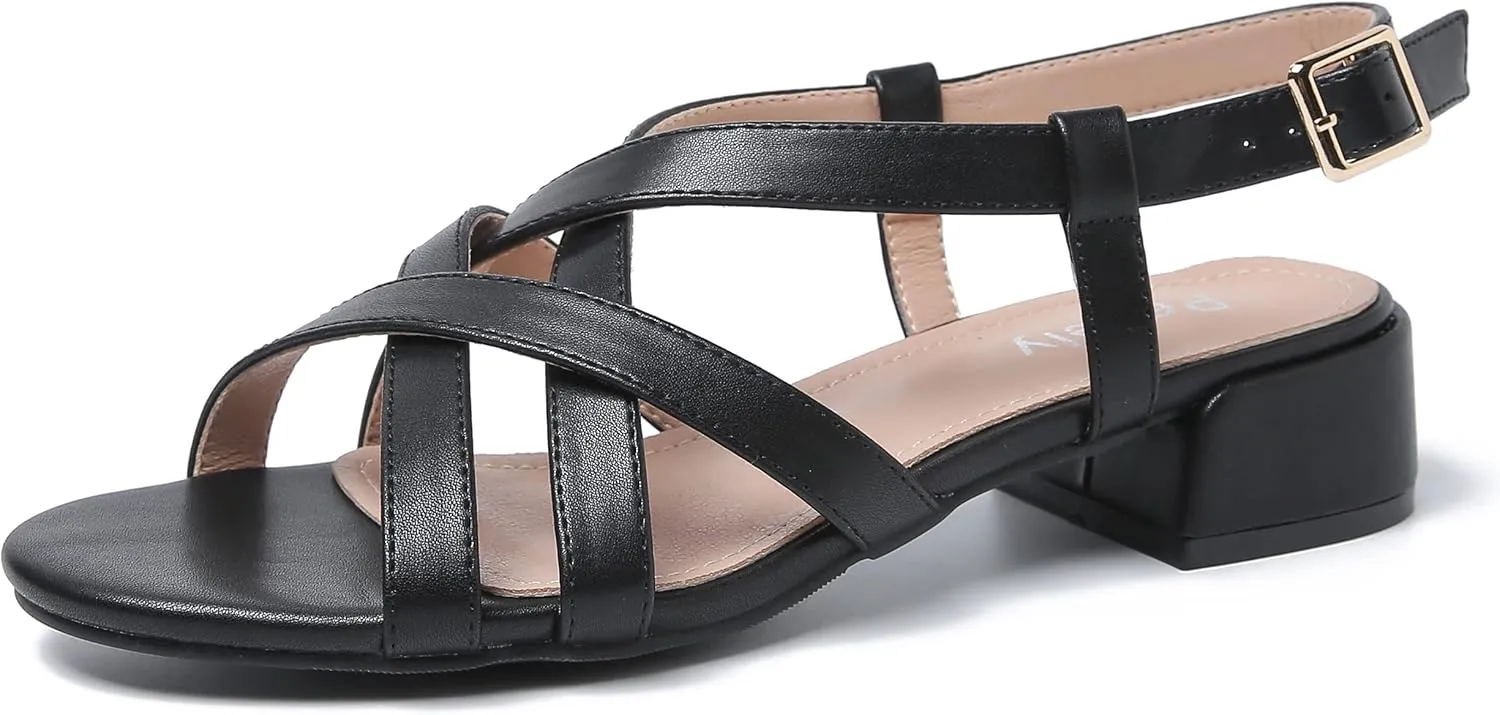 Women's Open Toe Cross Straps Low Block Chunky Heels Slingback Sandals Party Dress Summer Shoes