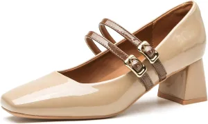 Women's Patent Leather Double Strap Chunky Heel Mary Jane Shoes Classic Square Toe Buckle Strap Shallow Mouth Dress Pumps for Wedding Party Work