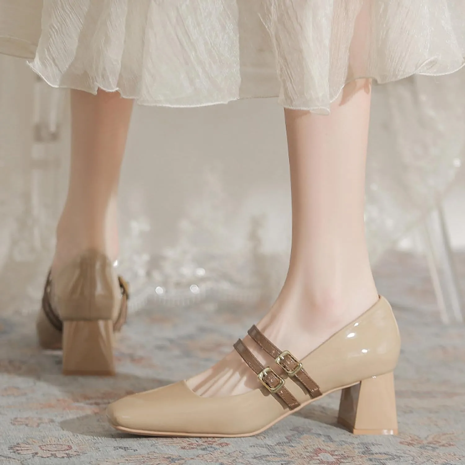Women's Patent Leather Double Strap Chunky Heel Mary Jane Shoes Classic Square Toe Buckle Strap Shallow Mouth Dress Pumps for Wedding Party Work
