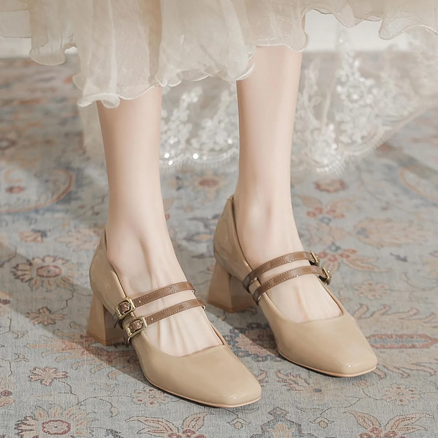 Women's Patent Leather Double Strap Chunky Heel Mary Jane Shoes Classic Square Toe Buckle Strap Shallow Mouth Dress Pumps for Wedding Party Work