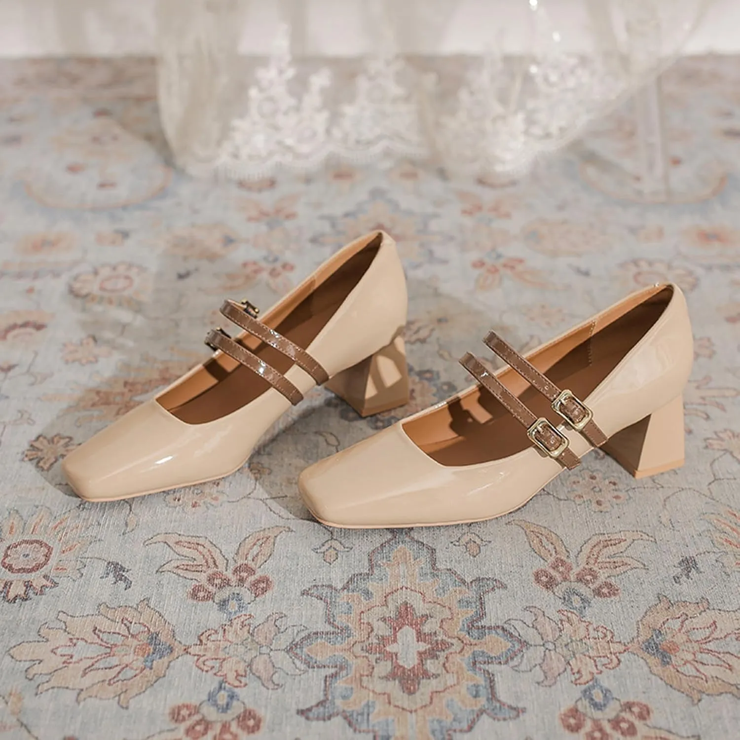 Women's Patent Leather Double Strap Chunky Heel Mary Jane Shoes Classic Square Toe Buckle Strap Shallow Mouth Dress Pumps for Wedding Party Work