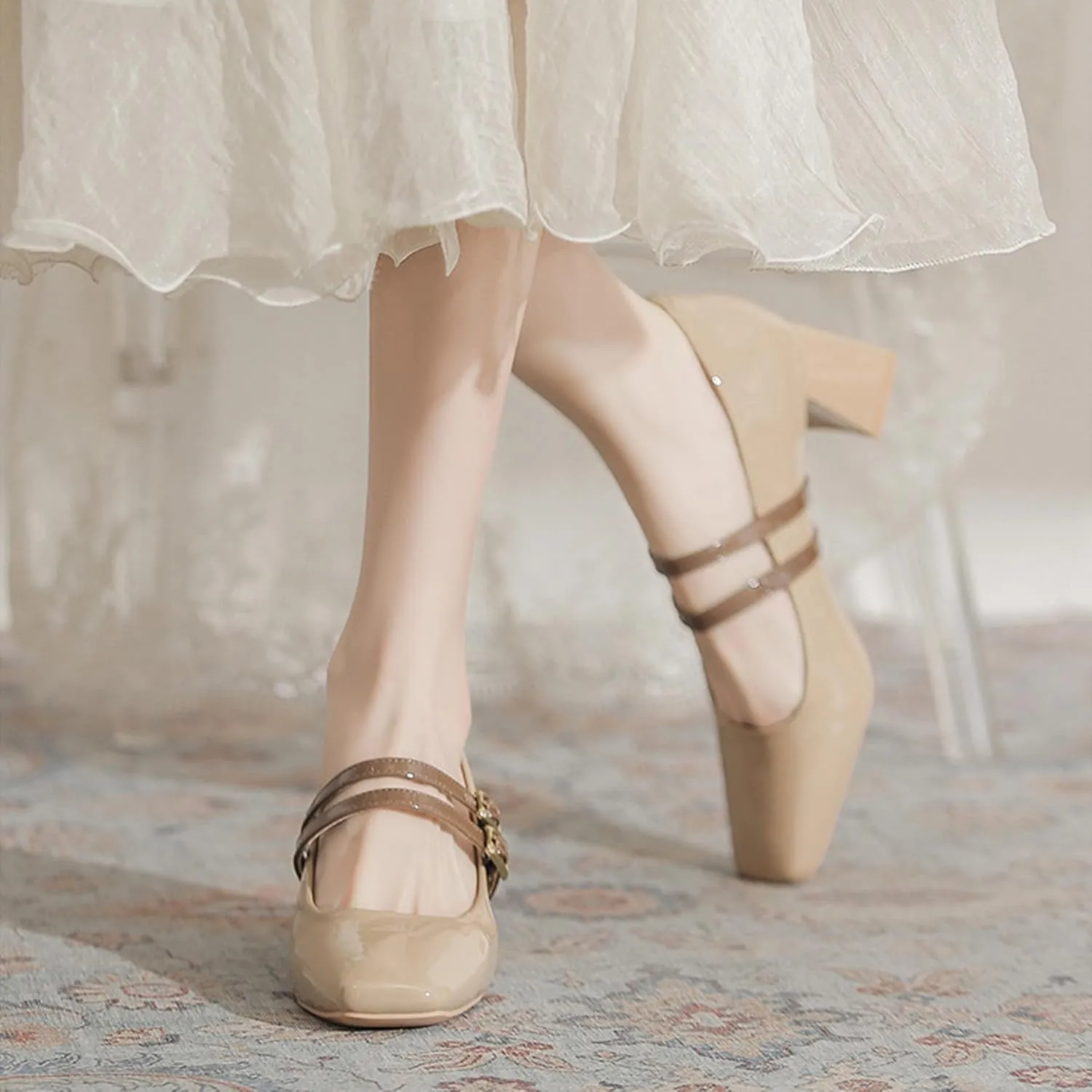 Women's Patent Leather Double Strap Chunky Heel Mary Jane Shoes Classic Square Toe Buckle Strap Shallow Mouth Dress Pumps for Wedding Party Work