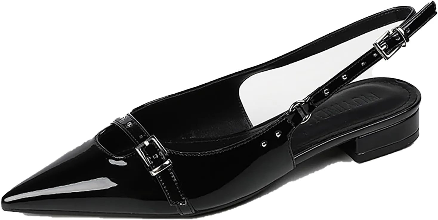 Women's Patent Leather Rhinestone Slingback Flat Pumps with Adjust Ankle Buckle Fashion Pointed Toe Low Chunky Heels Stiletto Closed Toe Sandals Sexy Wedding Party Dress Shoes