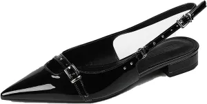 Women's Patent Leather Rhinestone Slingback Flat Pumps with Adjust Ankle Buckle Fashion Pointed Toe Low Chunky Heels Stiletto Closed Toe Sandals Sexy Wedding Party Dress Shoes