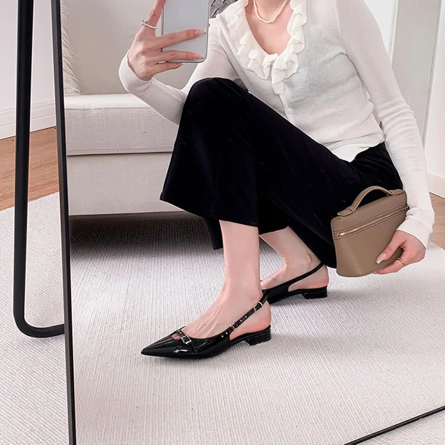 Women's Patent Leather Rhinestone Slingback Flat Pumps with Adjust Ankle Buckle Fashion Pointed Toe Low Chunky Heels Stiletto Closed Toe Sandals Sexy Wedding Party Dress Shoes