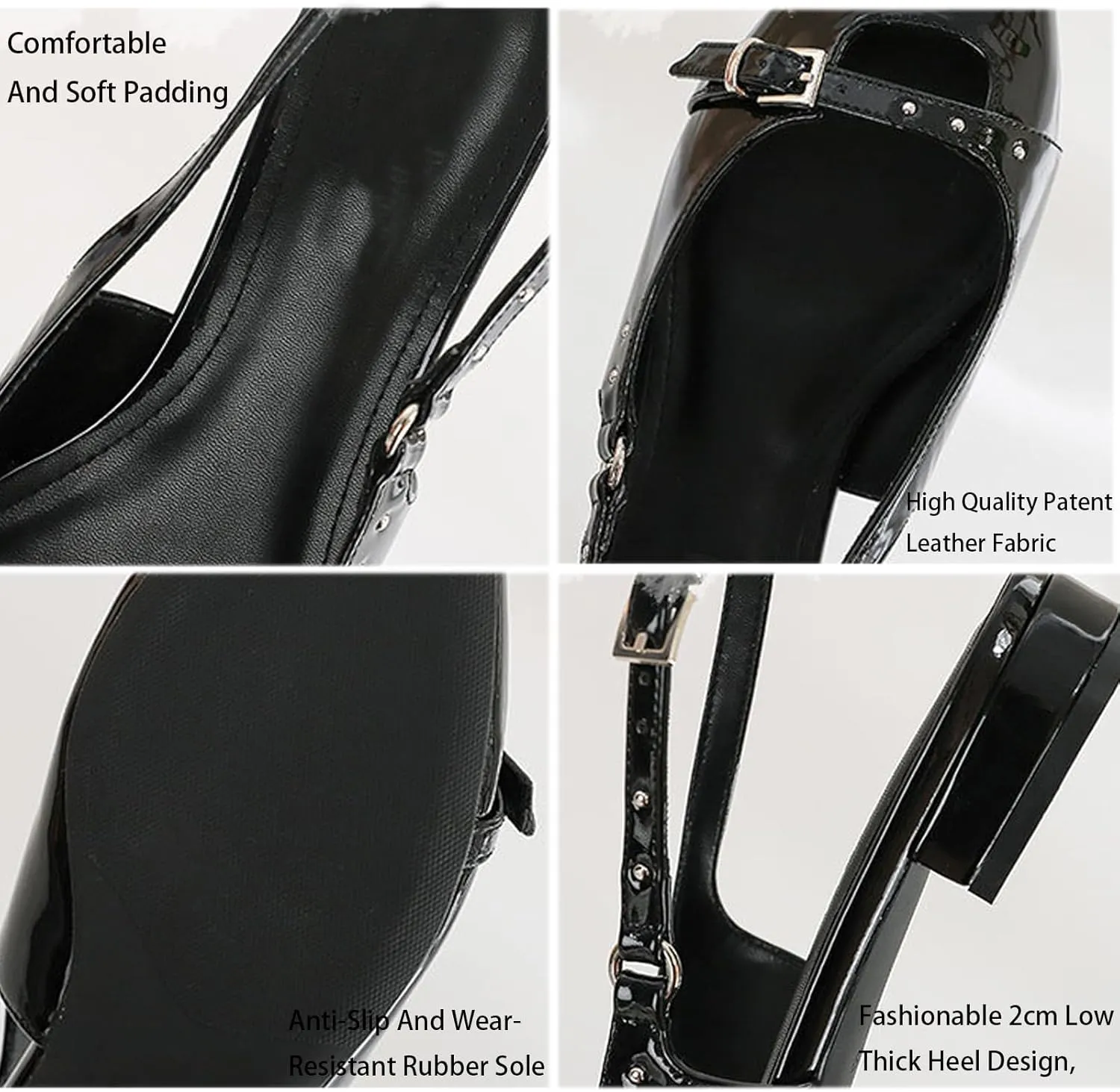 Women's Patent Leather Rhinestone Slingback Flat Pumps with Adjust Ankle Buckle Fashion Pointed Toe Low Chunky Heels Stiletto Closed Toe Sandals Sexy Wedding Party Dress Shoes