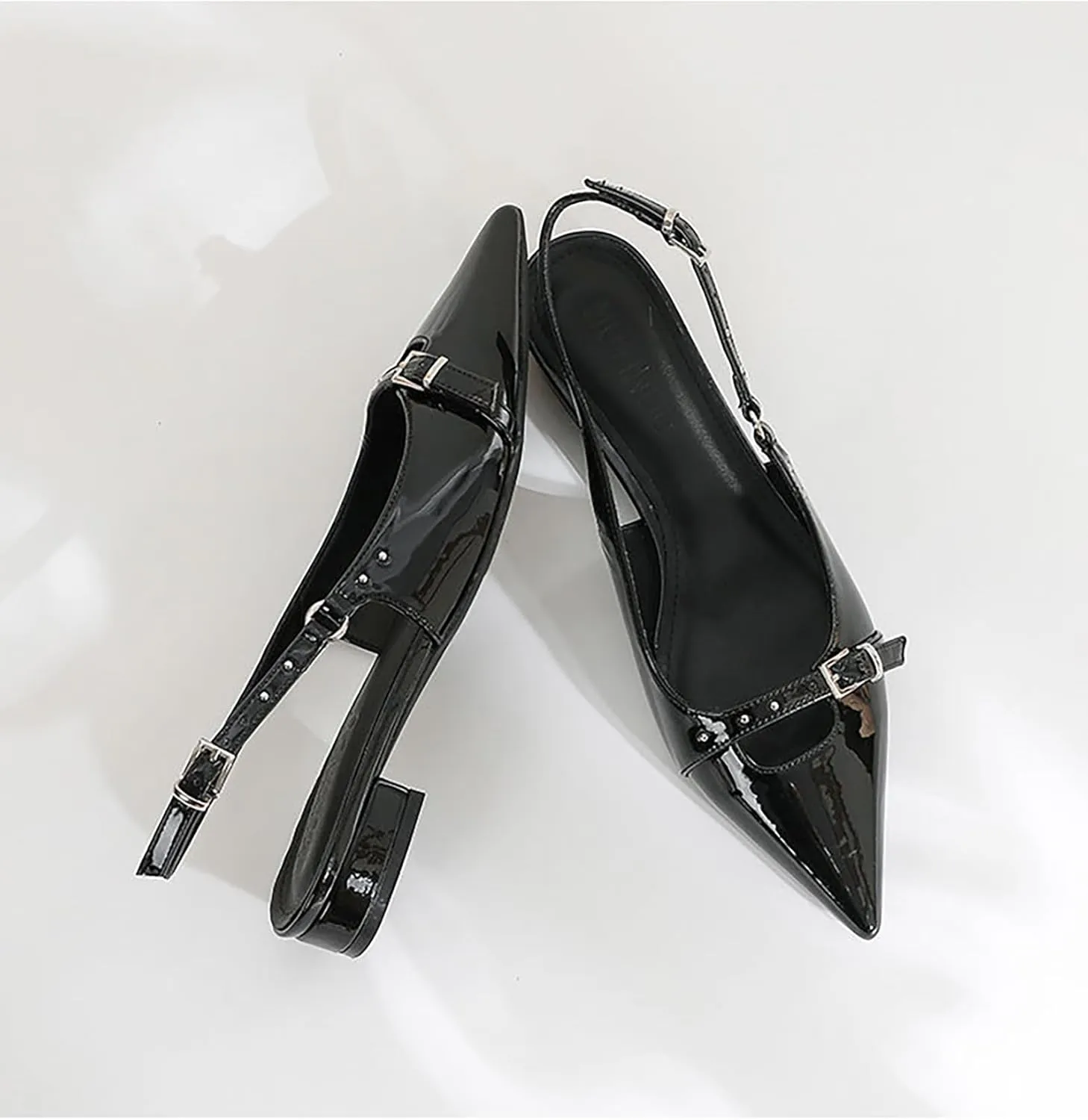 Women's Patent Leather Rhinestone Slingback Flat Pumps with Adjust Ankle Buckle Fashion Pointed Toe Low Chunky Heels Stiletto Closed Toe Sandals Sexy Wedding Party Dress Shoes