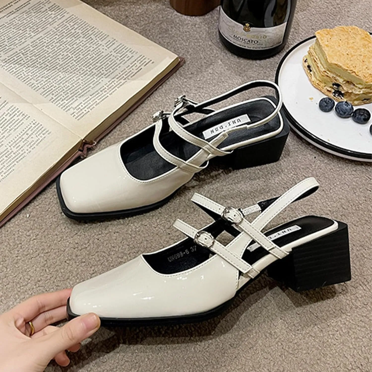 Women's Patent Leather Slingback Chunky Heels Mary Janes Pumps Buckle Closed Square Toe Low Heel Sandals Slip On Party Dress Work Shoes