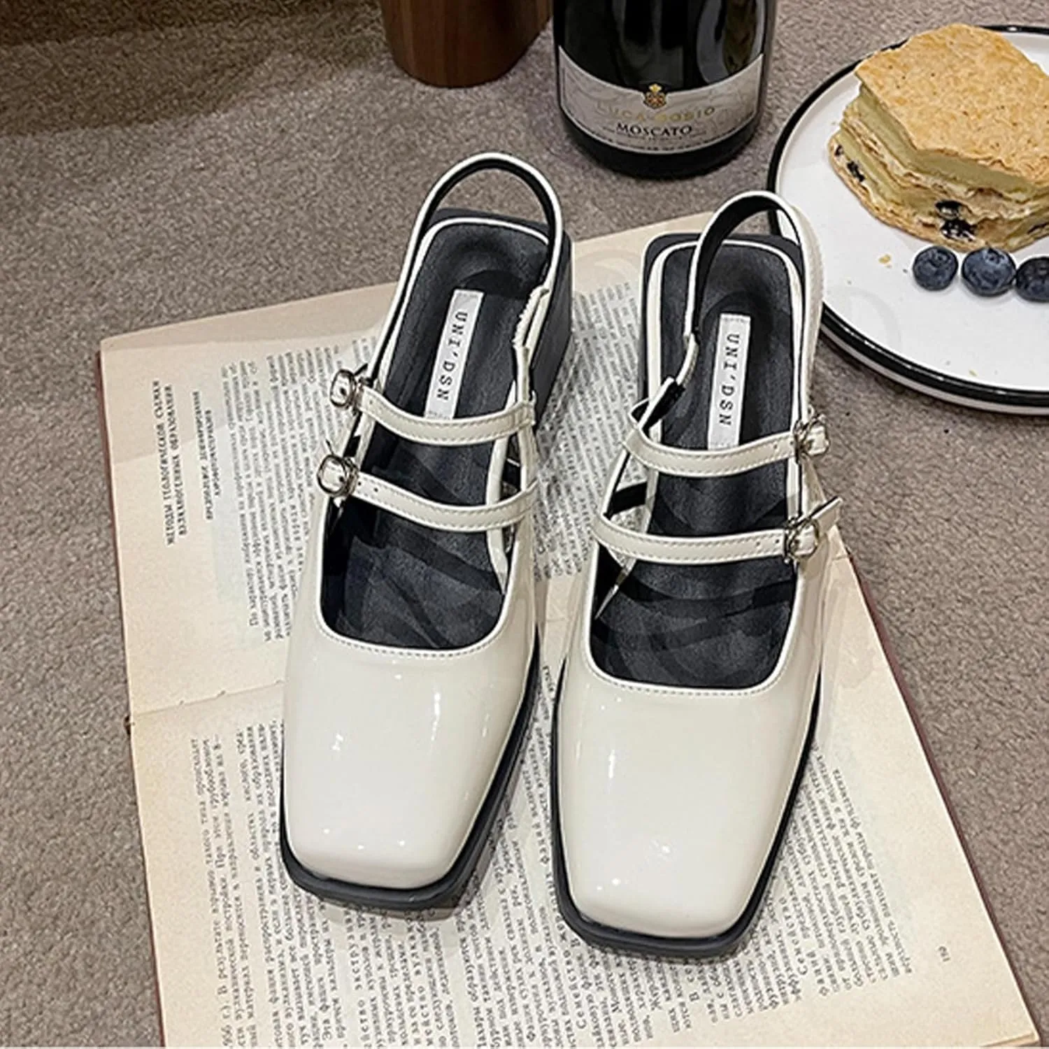 Women's Patent Leather Slingback Chunky Heels Mary Janes Pumps Buckle Closed Square Toe Low Heel Sandals Slip On Party Dress Work Shoes